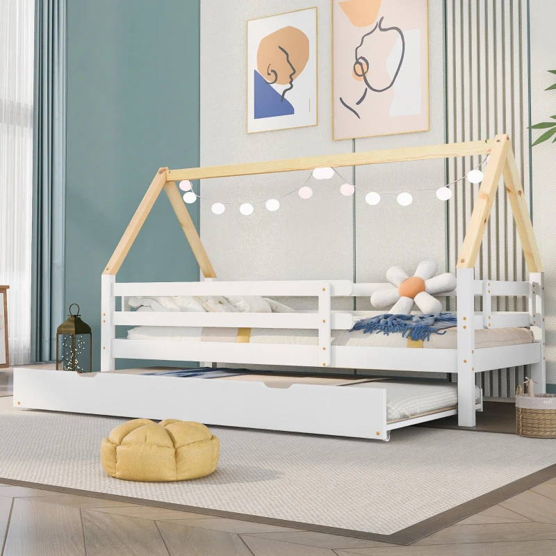 Letto a Casetta Con Letto Estraibile e Ruote, Letto Per Cameretta Senza Materasso, in Legno, 90x200&90x190 cm, Bianco