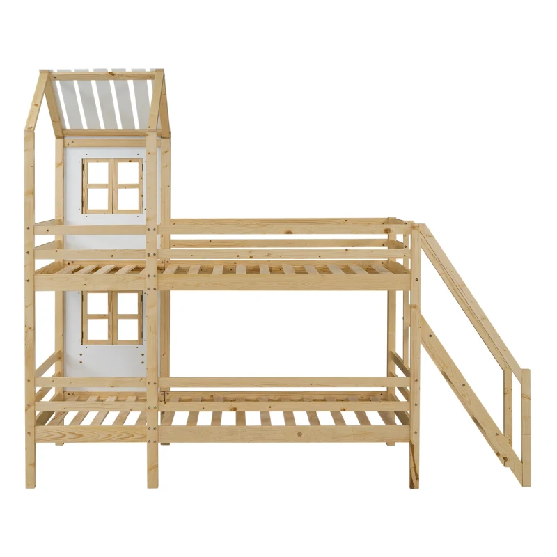 Lit superposé avec main courante et fenêtre, lit maison, lit pour enfants avec protection contre les chutes et barrière, sans matelas, 200x90 cm, naturelle