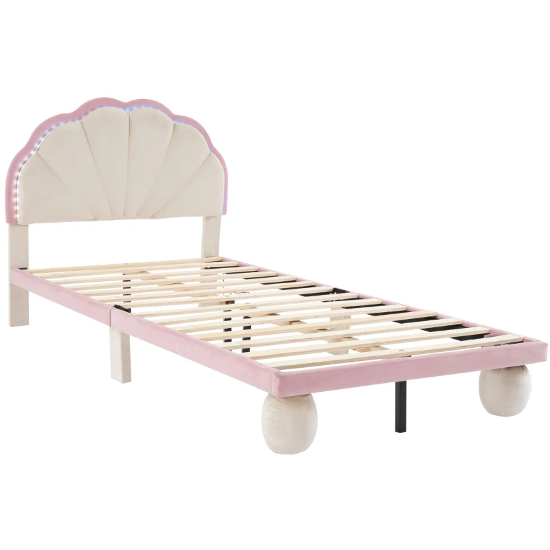 Lit rembourré avec bande lumineuse LED et tête de lit ondulée, pieds rembourrés, sans matelas, 90×200 cm, Blanc+Rose