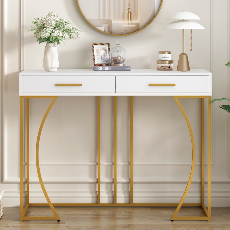 Consolle Ingresso Con 2 Cassetti HOMCOM – Struttura In Metallo A X, Bianco, 100x30x75 Cm, Portata 20 Kg!