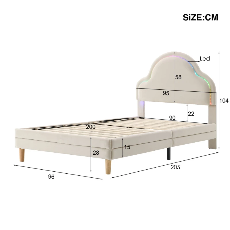 Lit rembourré avec tête de lit en forme de nuage et bande LED, sans matelas, 90x200 cm, Blanc