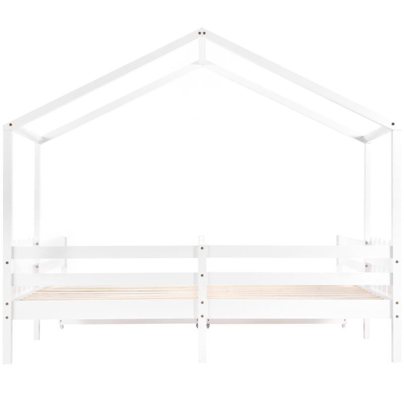 Letto a Casetta con 2 Cassetti su Ruote, Letto per Cameretta, Rete a Doghe, Senza Materasso, in Legno, 200×90 cm, Bianco