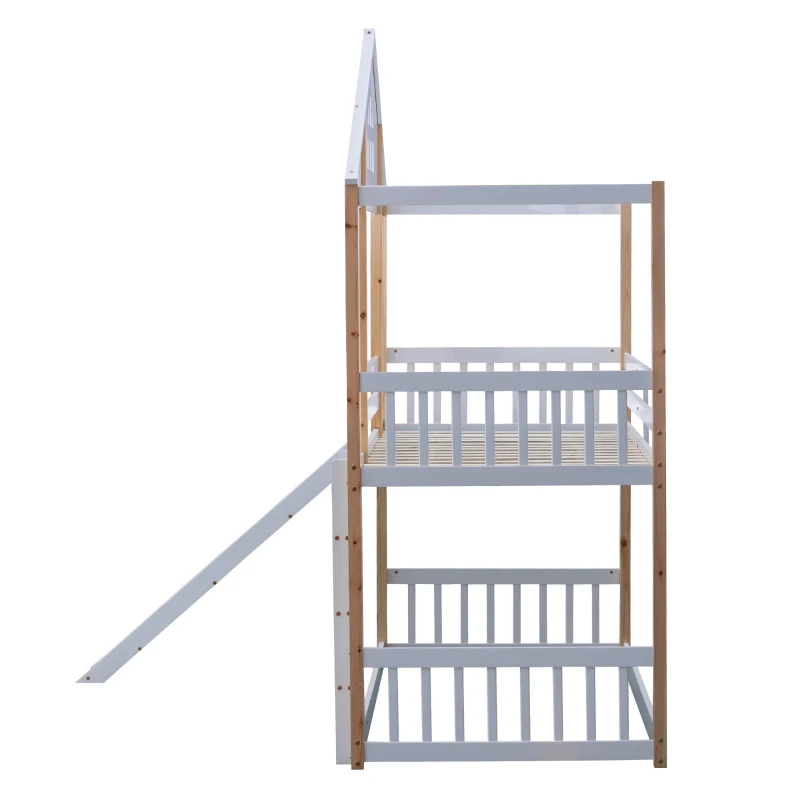 Letto a castello con finestre e scivolo, senza materasso, 90x200 cm, Bianco