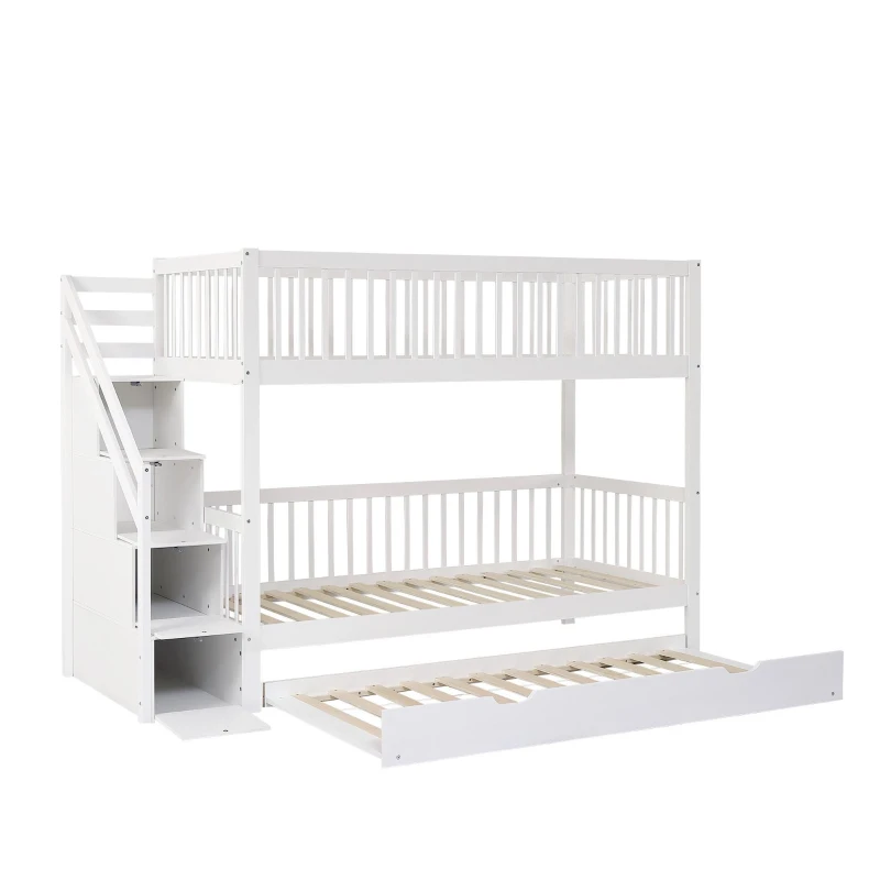 Lit superposé avec lit gigogne et armoire à échelle, sans matelas, 90x190 cm & 90x200 cm, Blanc