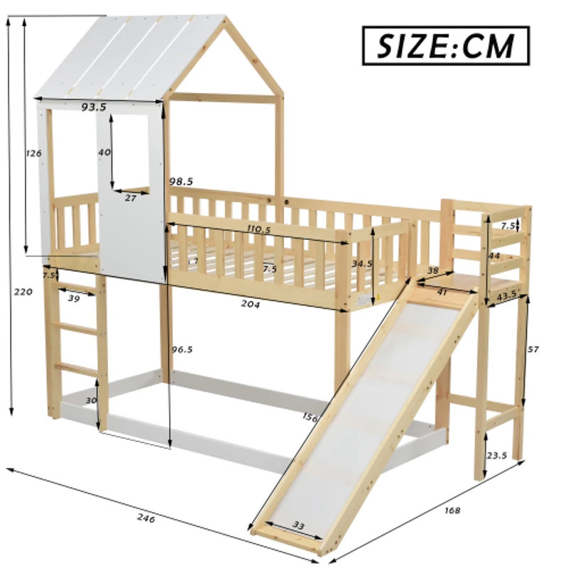 Letto a castello per bambini 6+ anni con scala ad angolo retto e scivolo, letto a casetta, 200x90 cm,naturale