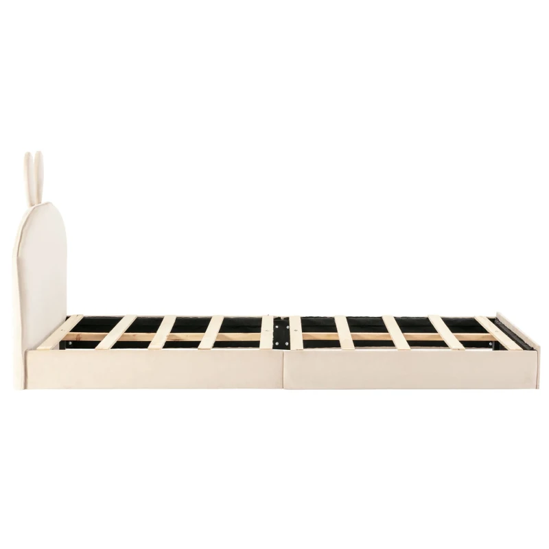 Lit rembourré avec tête de lit en forme de lapin, lit pour enfant avec lattes en bois, sans matelas, 90×200 cm, Beige