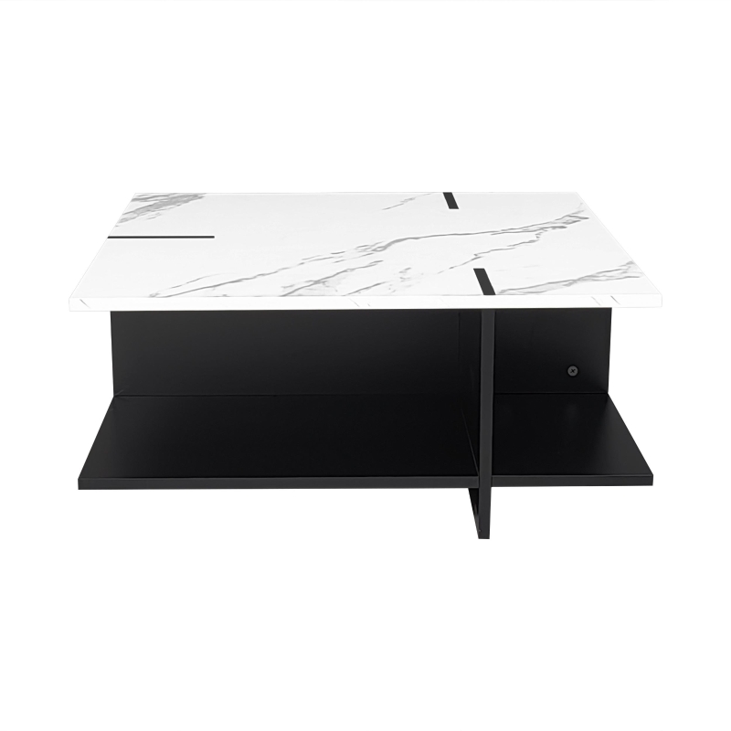 Table basse carrée, design moderne minimaliste, aspect marbre blanc, quatre compartiments de rangement ouverts, Noir+Blanc