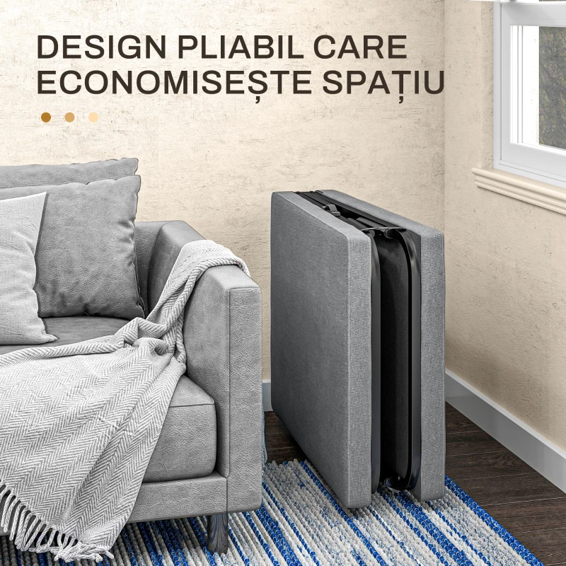 HOMCOM Pat Pliant cu Saltea, Spătar Reglabil pe 5 Nivele, 4 Roți și Cadru din Metal cu Bare, 180x70x38 cm, Gri