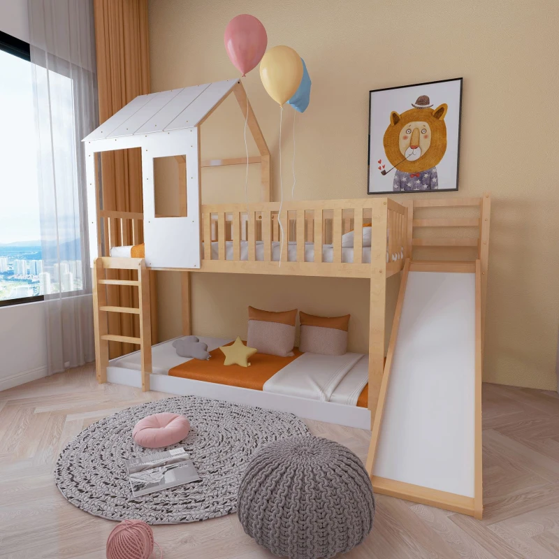 Letto a castello per bambini 6+ anni con scala ad angolo retto e scivolo, letto a casetta, 200x90 cm,naturale