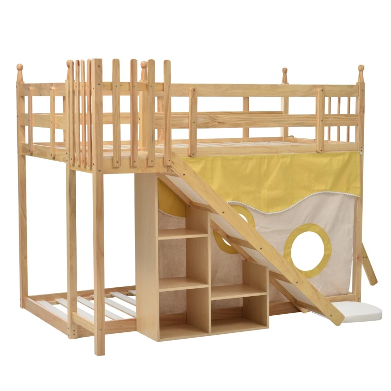 Lit superposé avec toboggan et étagère, sans matelas, 90x200 cm, naturel