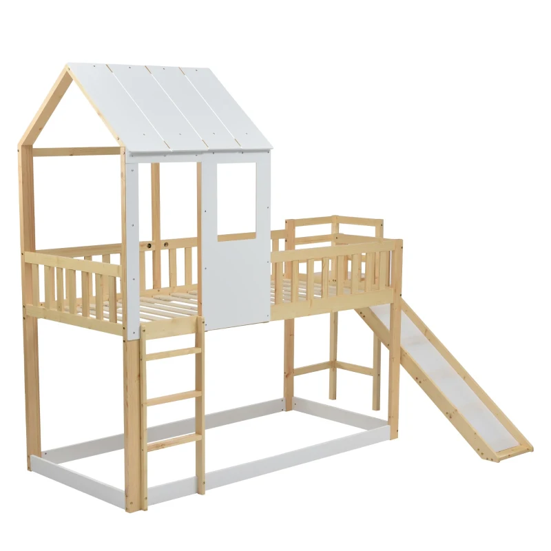 Letto a castello per bambini 6+ anni con scala ad angolo retto e scivolo, letto a casetta, 200x90 cm,naturale