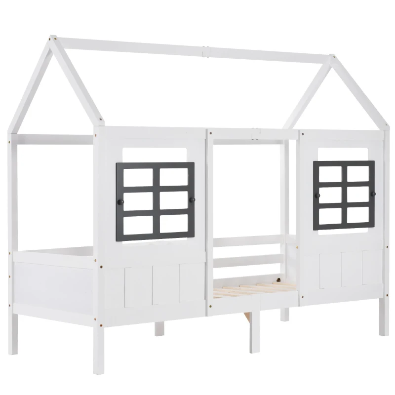 Lit maison avec fenêtres, 200×90 cm,sans matelas,  Blanc