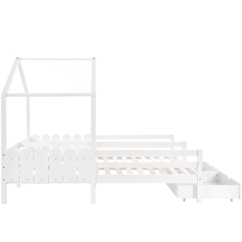 Letto a Casetta con 2 Cassetti su Ruote, Letto per Cameretta, Rete a Doghe, Senza Materasso, in Legno, 200×90 cm, Bianco