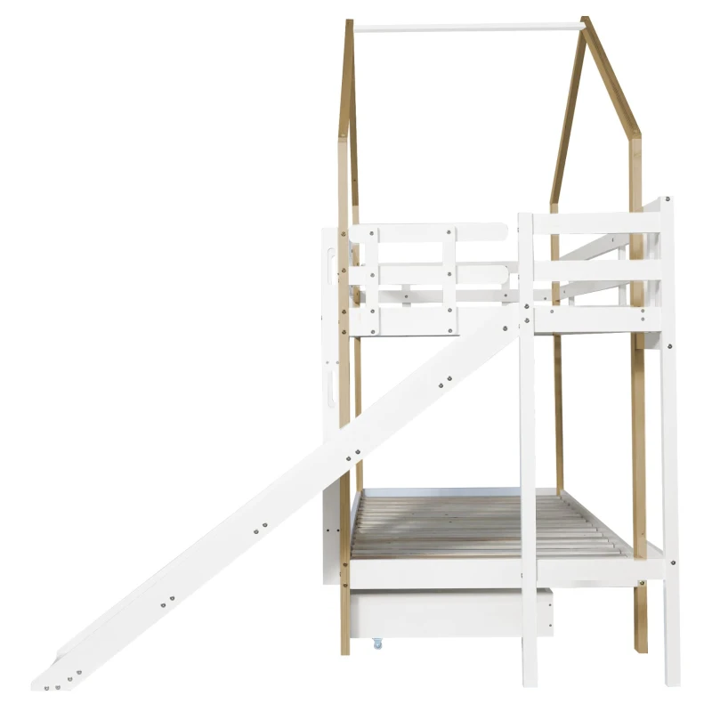 Lit superposé avec toboggan et échelle d'angle à trois niveaux, avec barrière de sécurité, sans matelas, 90x200 cm, Blanc