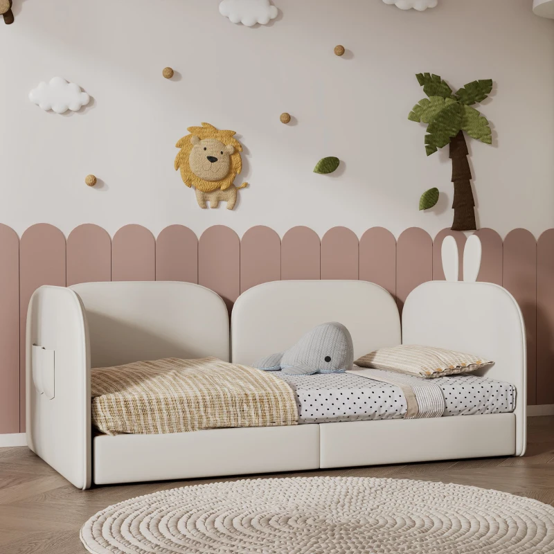 Tête de lit canapé en forme de lapin, lit pour enfant, 3 côtés inclus, sans matelas, 90x200 cm, Beige