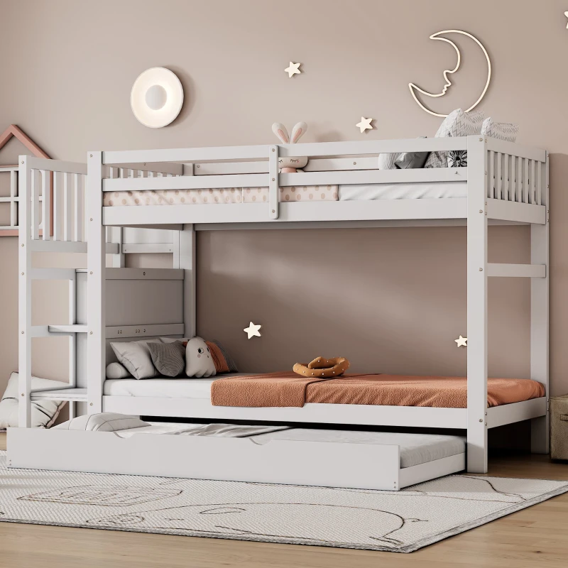 Letto a castello con tre posti letto e quattro cassetti, scala sicura, senza materasso, 90x200 cm & 90x190 cm, Bianco