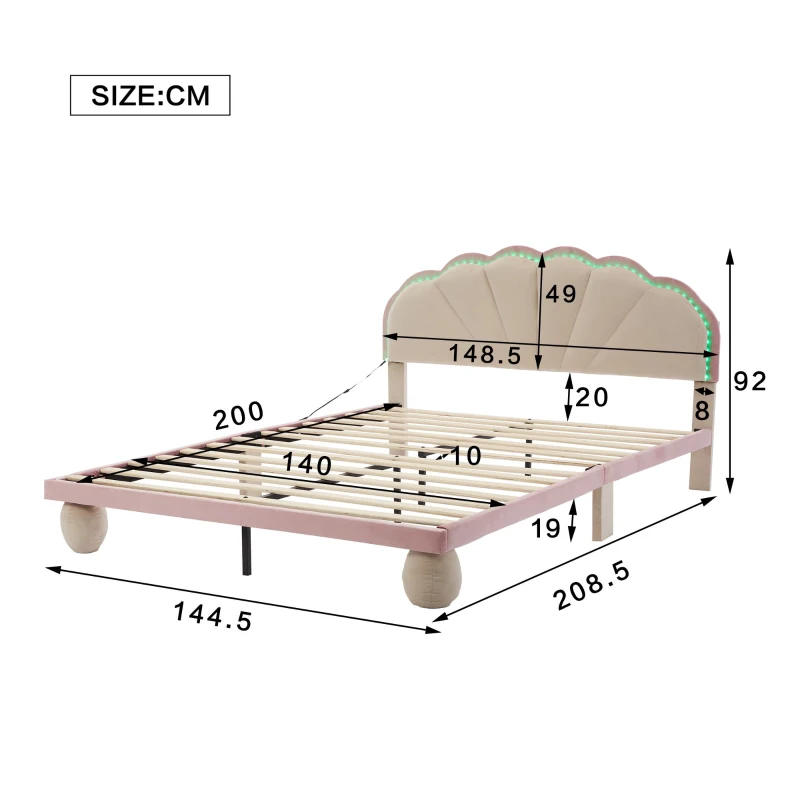 Letto imbottito con strisce luminose multicolore e testiera ondulata, senza materasso, 140×200 cm, Bianco+Rosa