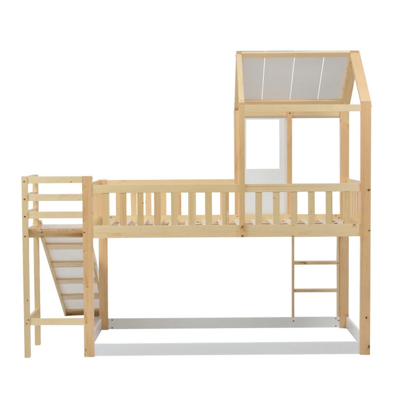 Letto a castello per bambini 6+ anni con scala ad angolo retto e scivolo, letto a casetta, 200x90 cm,naturale