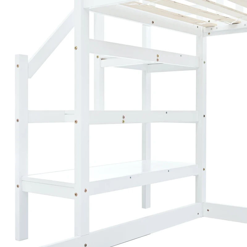 Letto a castello con scala e protezione anticaduta, letto a casetta, senza materasso, 90x200 cm, Bianco