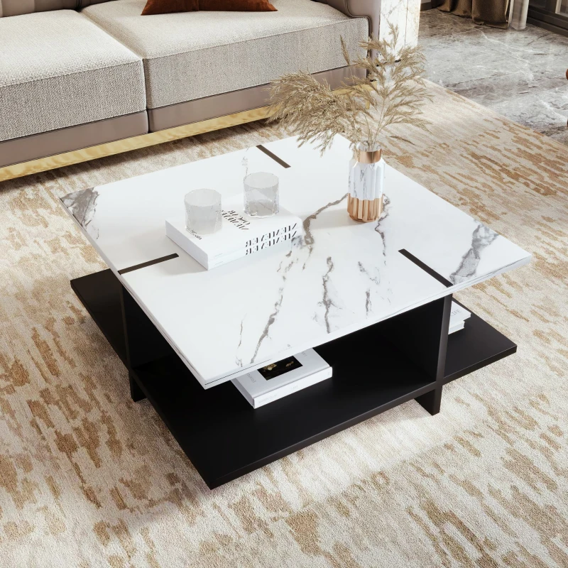 Table basse carrée, design moderne minimaliste, aspect marbre blanc, quatre compartiments de rangement ouverts, Noir+Blanc