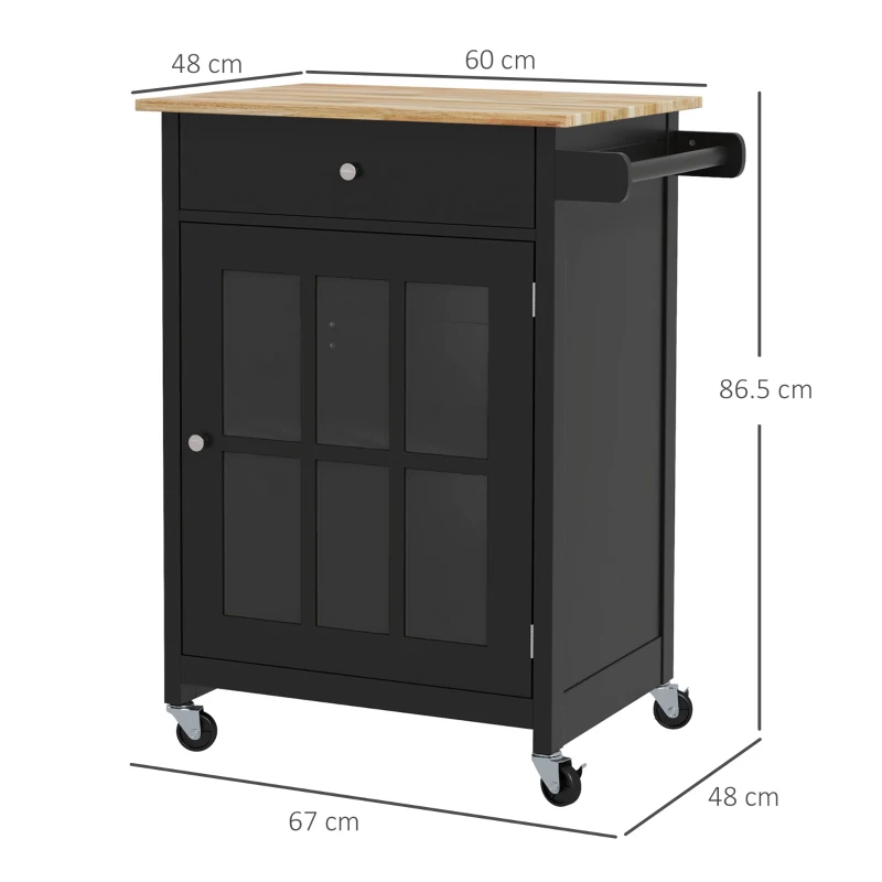 HOMCOM Cărucior de Bucătărie cu Sertar, Raft Reglabil, 4 Roți și Suport Lateral pentru Prosop, 67x48x86,5 cm, Negru(m-3)