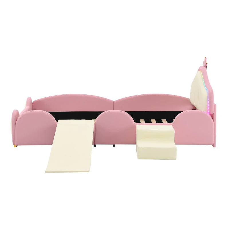 Letto Principessa con Striscia LED, Scivolo e Scala, Design Cartoon con Corona, Senza Materasso, 90x200 cm, Rosa