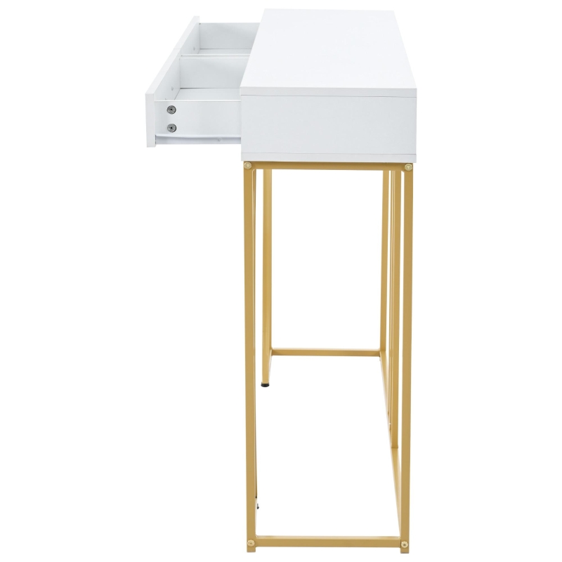 Tavolo Consolle con 2 Cassetti, Maniglie Dorate e Gambe Regolabili, Design Elegante e Moderno, in MDF, 110 x 32 x 85 cm, Bianco