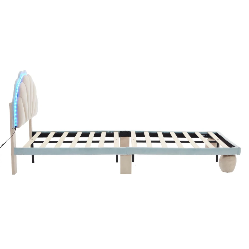 Lit rembourré avec bandes lumineuses multicolores et tête de lit ondulée, sans matelas, 90×200 cm, Bleu+Crème