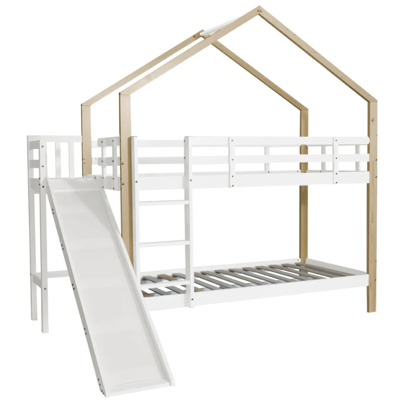 Lit superposé avec toboggan et échelle à trois marches, avec barrière de sécurité, sans matelas, 200x90 cm, Blanc