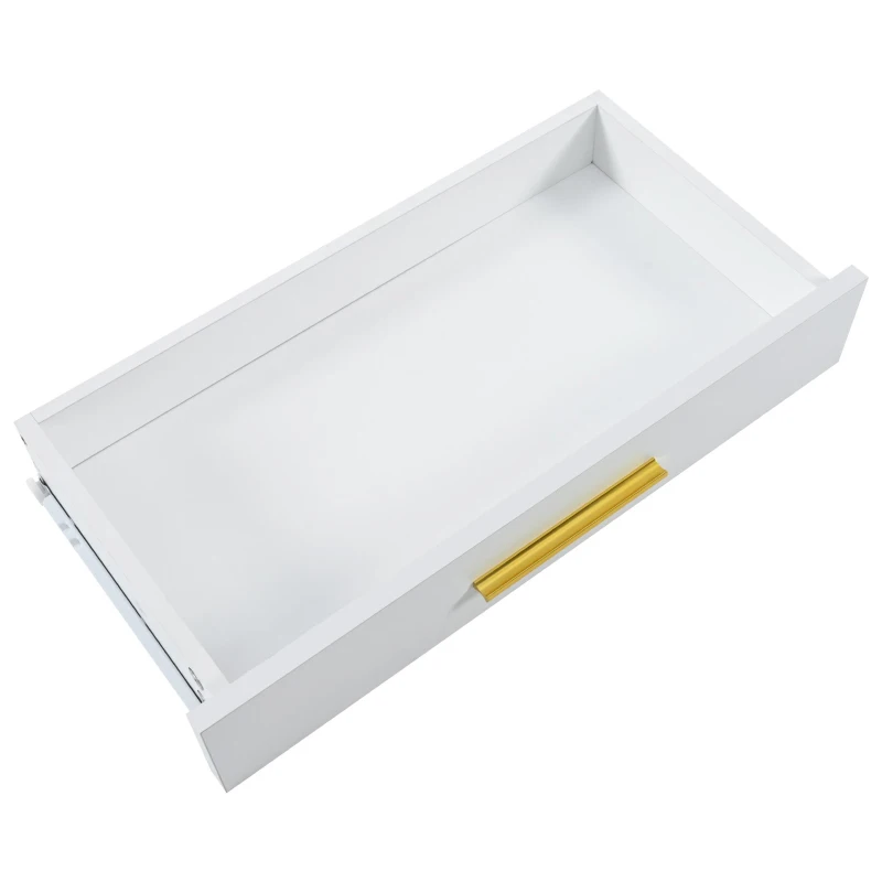 Tavolo Consolle con 2 Cassetti, Maniglie Dorate e Gambe Regolabili, Design Elegante e Moderno, in MDF, 110 x 32 x 85 cm, Bianco