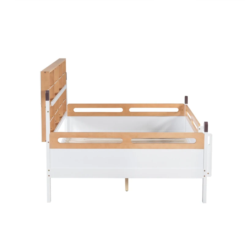 Letto per bambini con protezione anticaduta e sbarre, senza materasso, 140x200 cm, Bianco+naturale