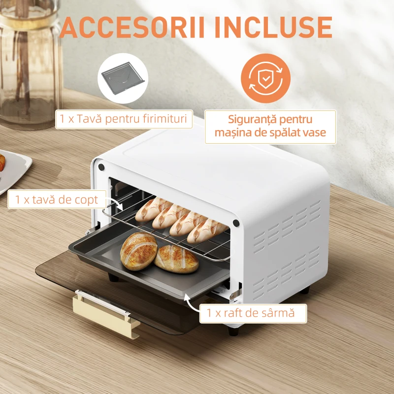 HOMCOM Cuptor Electric cu 2 Înălțimi cu Temporizator și Temperatură Reglabilă, 31,5x27,7x22,7 cm, Alb