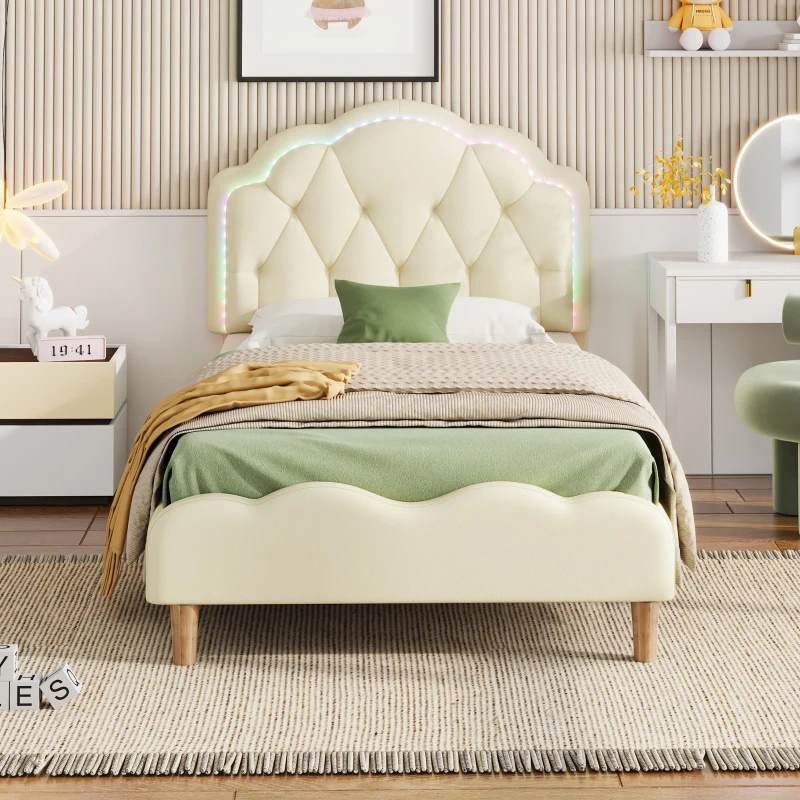 Letto Imbottito con Striscia LED, Testiera Ondulata e Doghe In Legno, Letto per Cameretta in PU, Senza Materasso, 90×200 cm, Bianco