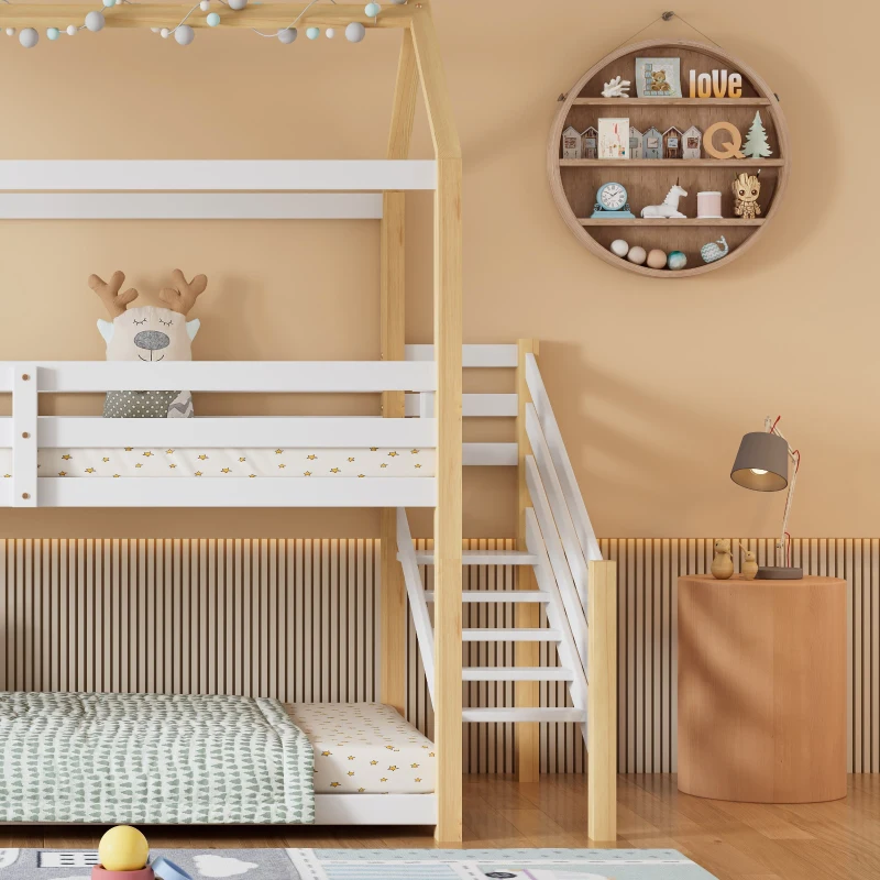 Lit superposé avec escalier d'angle et fenêtre, sans matelas, 200x90 cm, Blanc