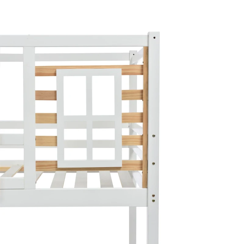 Letto a castello con scala, finestra e scaffale, senza materasso, 90×200 cm, Bianco