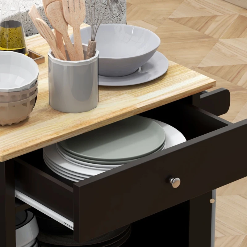HOMCOM Cărucior de Bucătărie cu Sertar, Raft Reglabil, 4 Roți și Suport Lateral pentru Prosop, 67x48x86,5 cm, Negru(m-9)