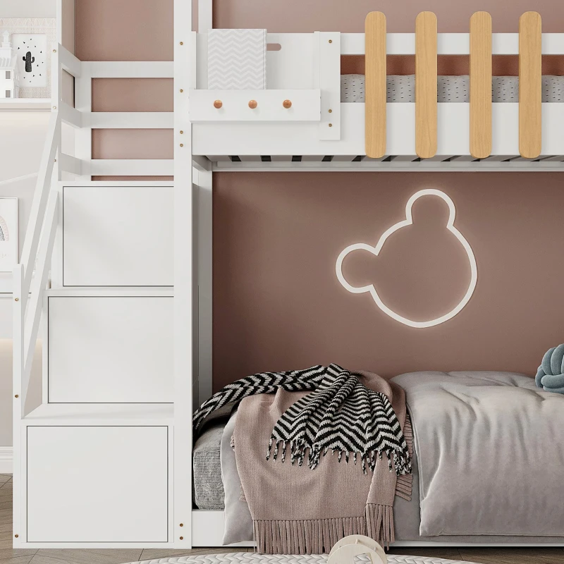 Lit superposé avec escalier, fenêtre et étagère, sans matelas, 90×200 cm, Blanc