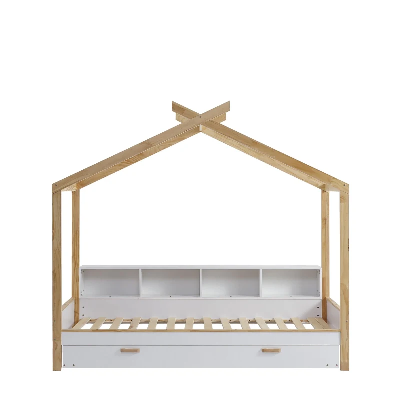 Letto per bambini con quattro scomparti a scaffale e letto estraibile, letto a casetta, 90x200 cm & 90x190 cm, Bianco+naturale