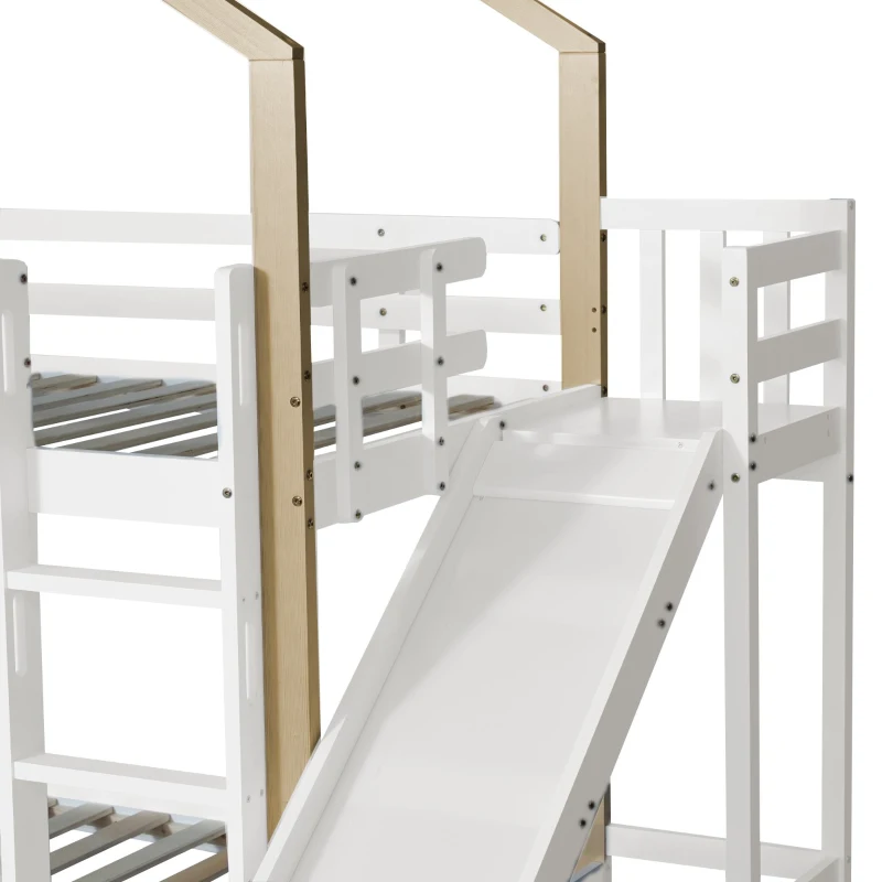 Lit superposé avec toboggan et échelle d'angle à trois niveaux, avec barrière de sécurité, sans matelas, 90x200 cm, Blanc