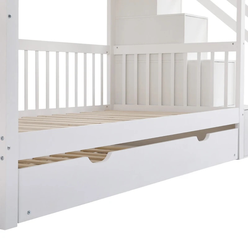 Lit superposé avec lit gigogne et armoire à échelle, sans matelas, 90x190 cm & 90x200 cm, Blanc