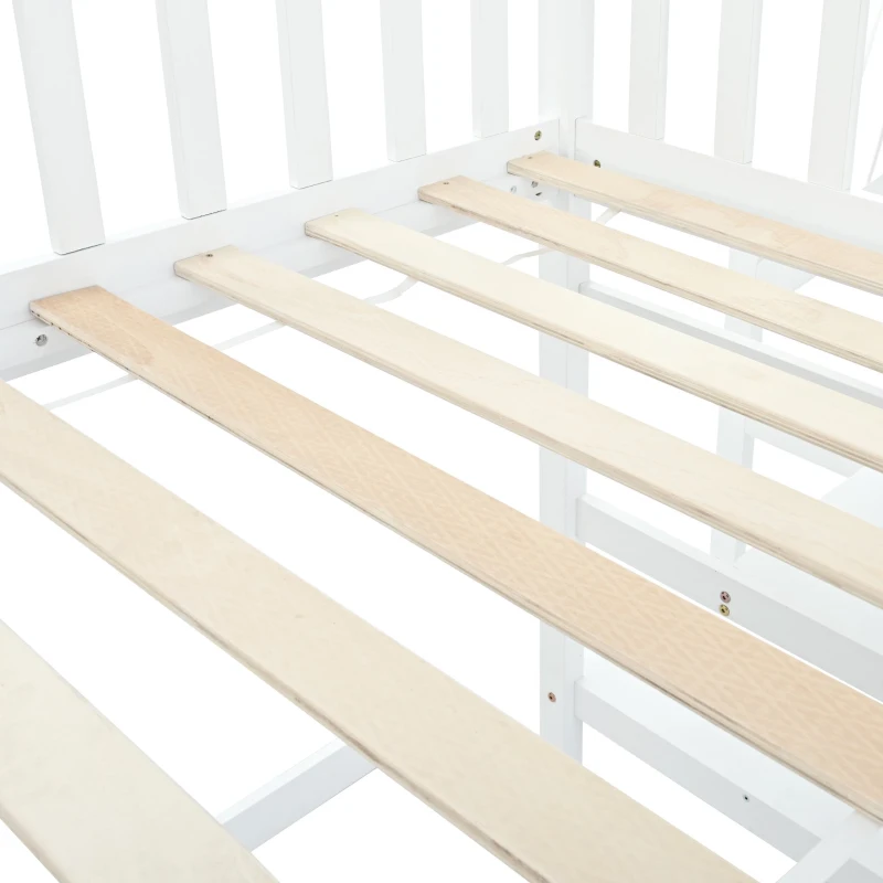 Letto a castello con scala e protezione anticaduta, letto a casetta, senza materasso, 90x200 cm, Bianco