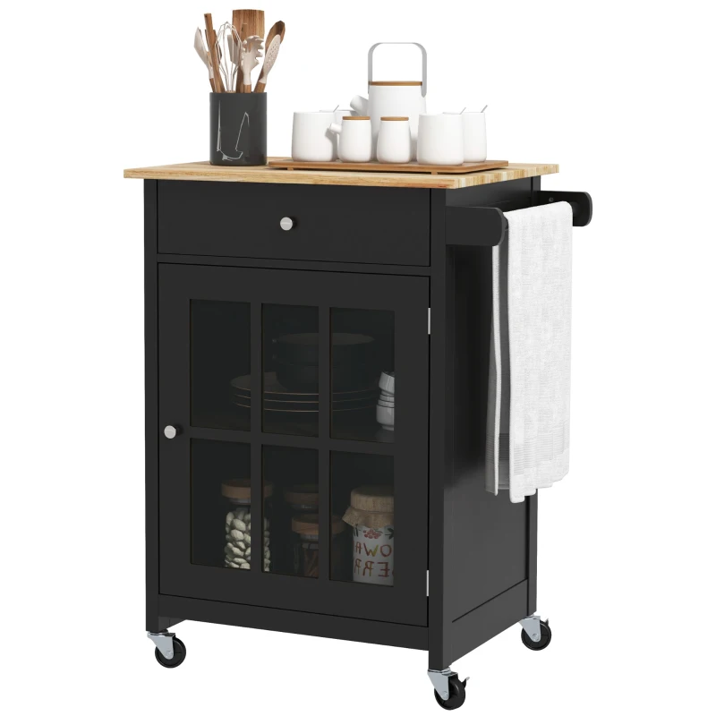 HOMCOM Cărucior de Bucătărie cu Sertar, Raft Reglabil, 4 Roți și Suport Lateral pentru Prosop, 67x48x86,5 cm, Negru(m-10)