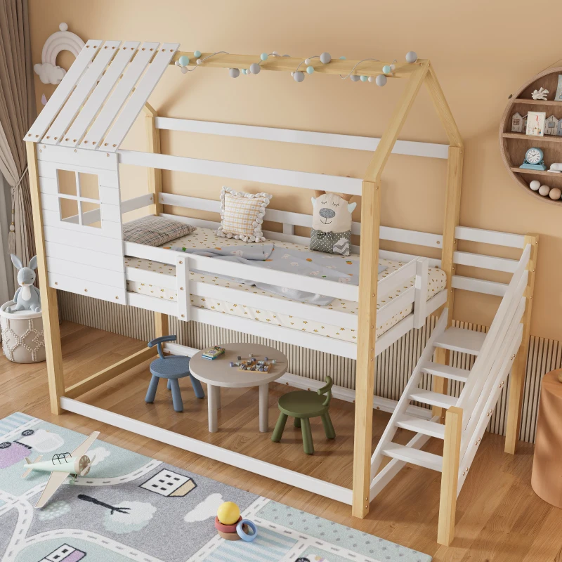 Lit superposé avec escalier d'angle et fenêtre, sans matelas, 200x90 cm, Blanc