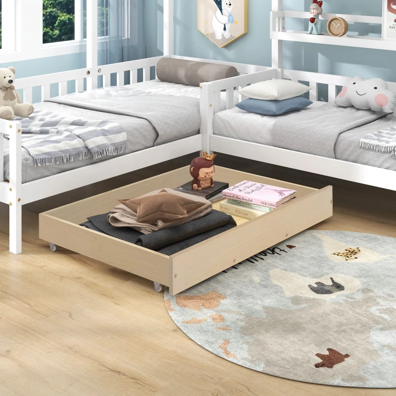 Letto per bambini con cassetti e scaffali, struttura a L, senza materasso, 90x200 cm+140x70 cm, Bianco