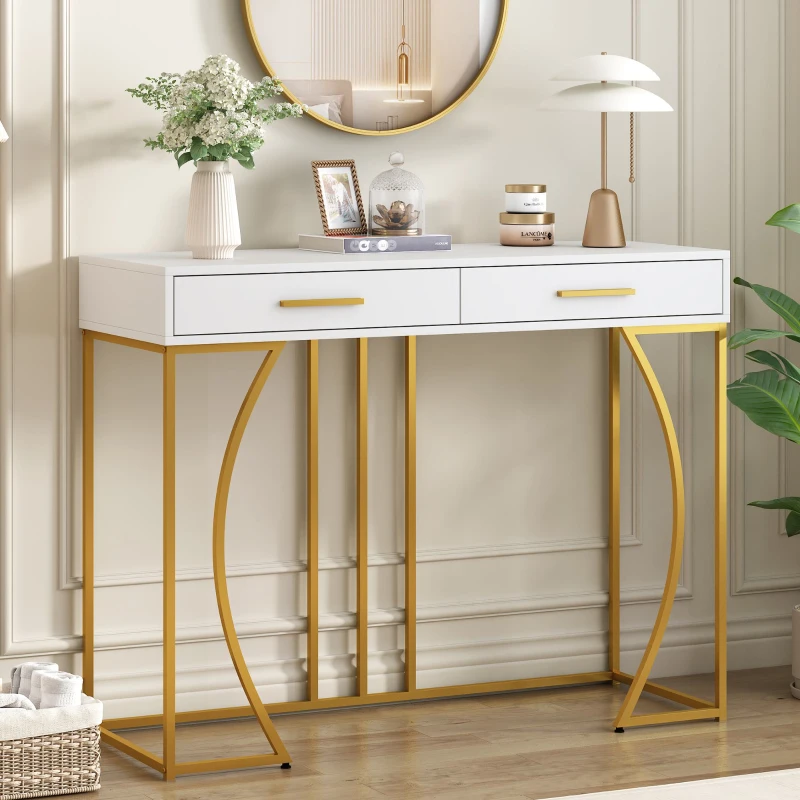 Tavolo Consolle con 2 Cassetti, Maniglie Dorate e Gambe Regolabili, Design Elegante e Moderno, in MDF, 110 x 32 x 85 cm, Bianco