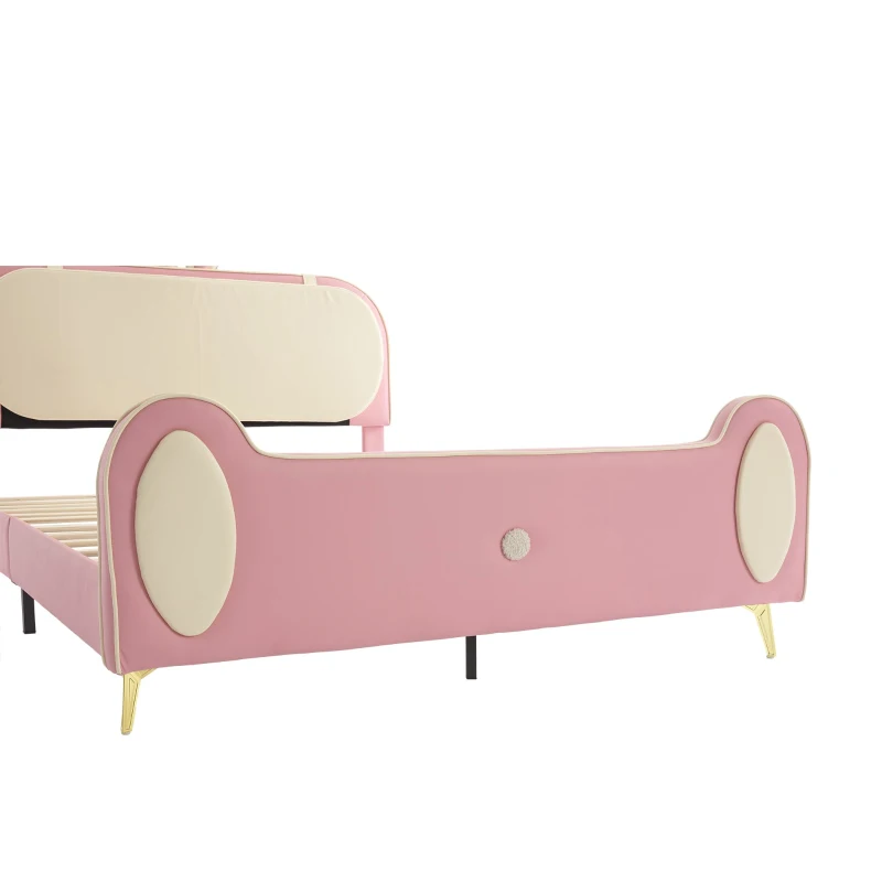 Letto Imbottito con Testiera a Forma di Coniglio e Striscia LED, Letto per Cameretta Senza Materasso, in Pelle PU e MDF, 140x200 cm, Bianco e Rosa