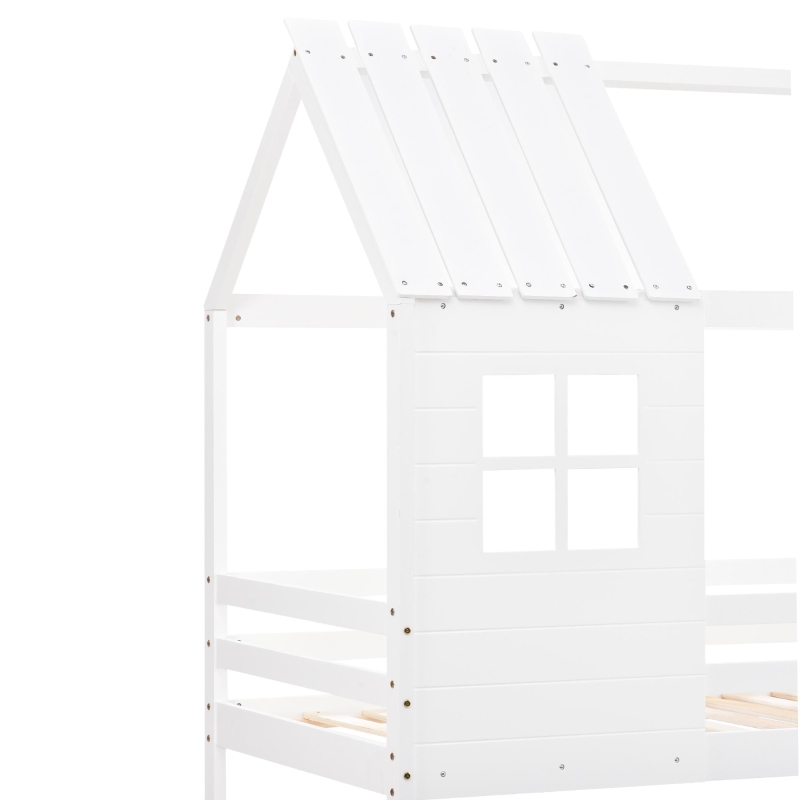 Letto a castello con scala e finestra, letto per bambini con protezione anticaduta e sponde, senza materasso, 200x90 cm, Bianco