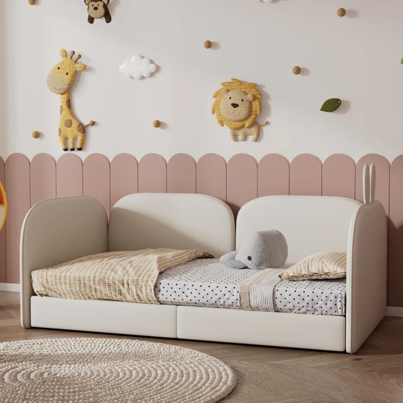 Tête de lit canapé en forme de lapin, lit pour enfant, 3 côtés inclus, sans matelas, 90x200 cm, Beige