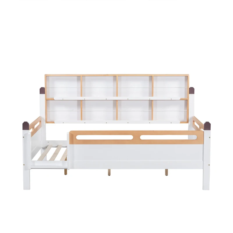 Letto per bambini con protezione anticaduta e sbarre, senza materasso, 140x200 cm, Bianco+naturale