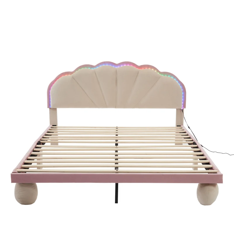 Lit rembourré avec bandes lumineuses multicolores et tête de lit ondulée, sans matelas, 140×200 cm, Blanc+Rose